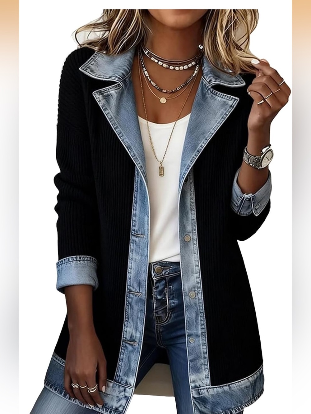 Corduroy jacket with denim trim. size Large. NWT . Black. - Picture 2 of 4